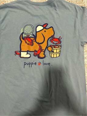 Puppie Love Crab Catching Dog Graphic T Shirt Gray Large Rescue Tee